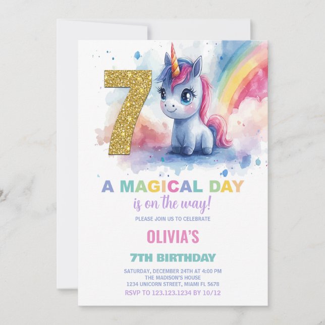 7.º cumpleaños de Unicornio invitaciones de cumple (Anverso)