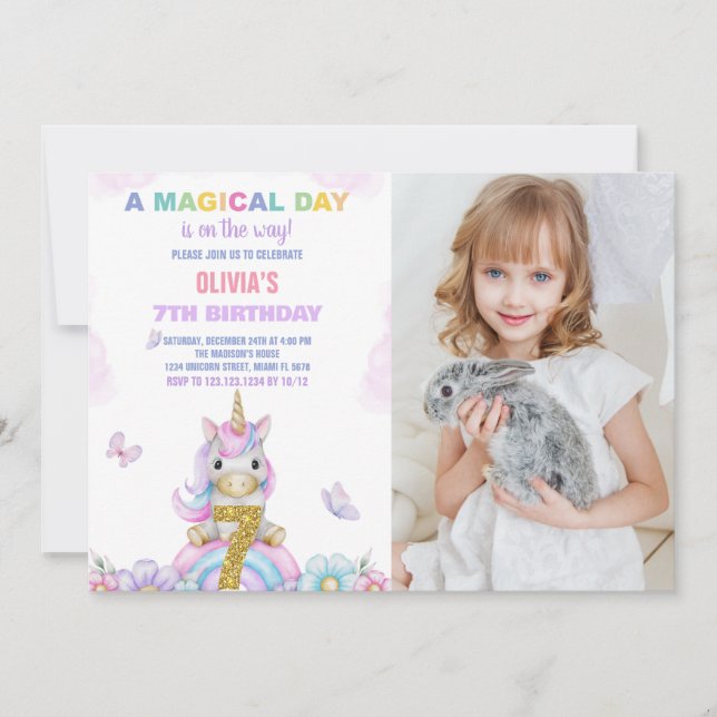 7 Invitaciones de cumpleaños de Floral Unicornio c (Anverso)