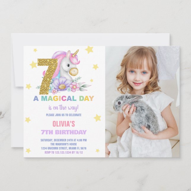 7 invitaciones de cumpleaños de Floral Unicornio c (Anverso)