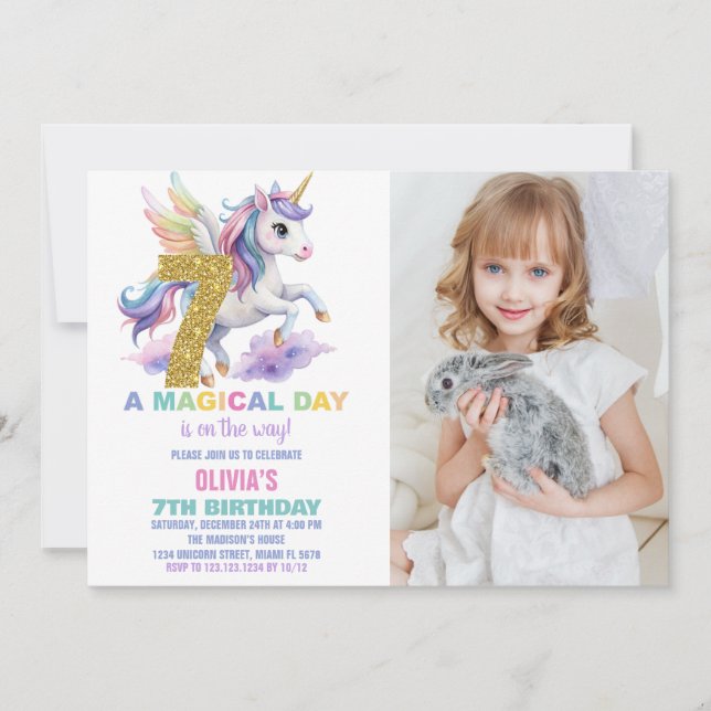 7 Invitaciones de cumpleaños de Rainbow Unicorn co (Anverso)