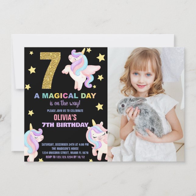 7 Invitaciones de cumpleaños de Rainbow Unicorn co (Anverso)