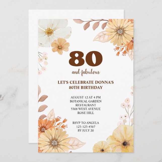 80.ª fiesta de cumpleaños invitación a las flores  (Anverso / Reverso)