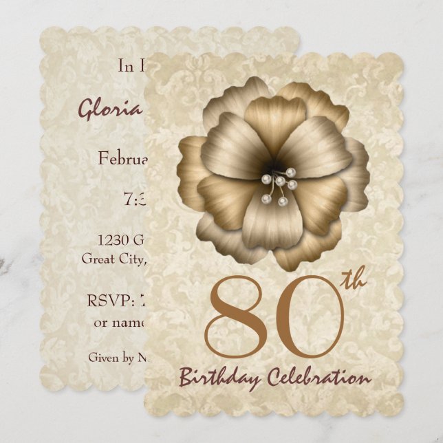 80.ª fiesta de cumpleaños Invitación Flor de oro 2 (Anverso / Reverso)
