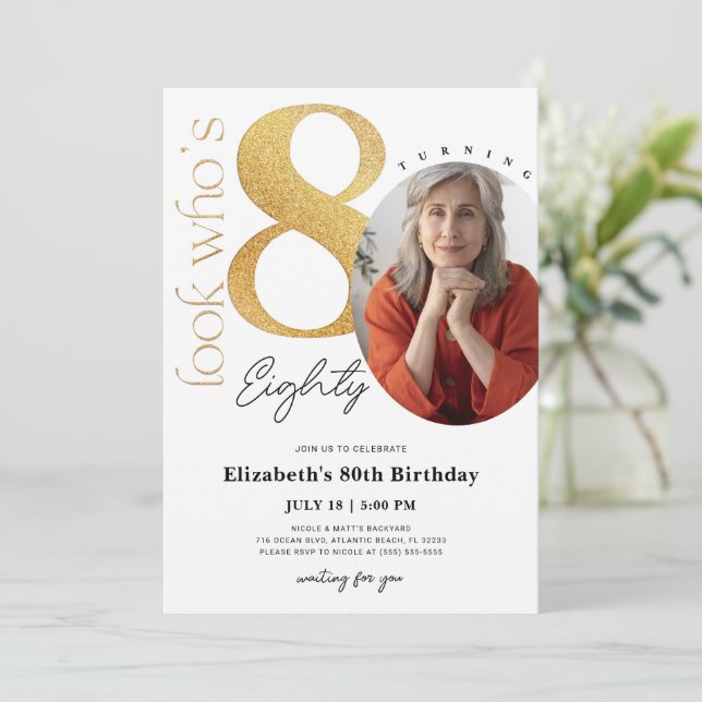 80.ª invitación a los cumpleaños dorados con foto (Anverso de pie)