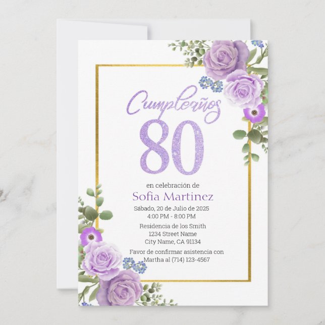 80.ª Invitación al cumpleaños - Tema de las flores (Anverso)