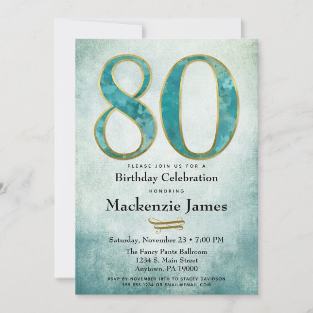 80.ª invitación de cumpleaños Adulto de oro azul t (Anverso)