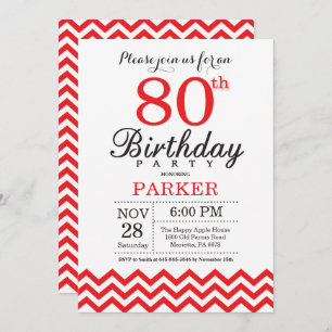 80.ª invitación de cumpleaños Chevron Rojo