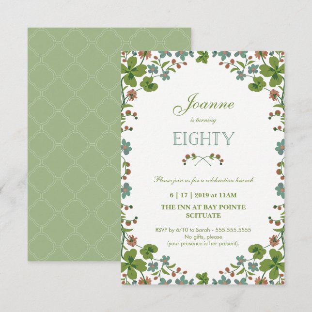 80.ª invitación de cumpleaños, floral vintage (peq (Anverso / Reverso)