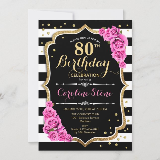 80.ª invitación de cumpleaños franjas blancas rosa (Anverso)