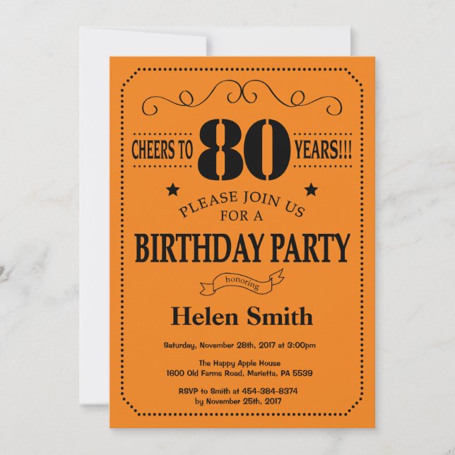 80.ª invitación de cumpleaños negro y Naranja (Anverso)
