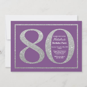 80.ª invitación de cumpleaños Purpurina morado y p