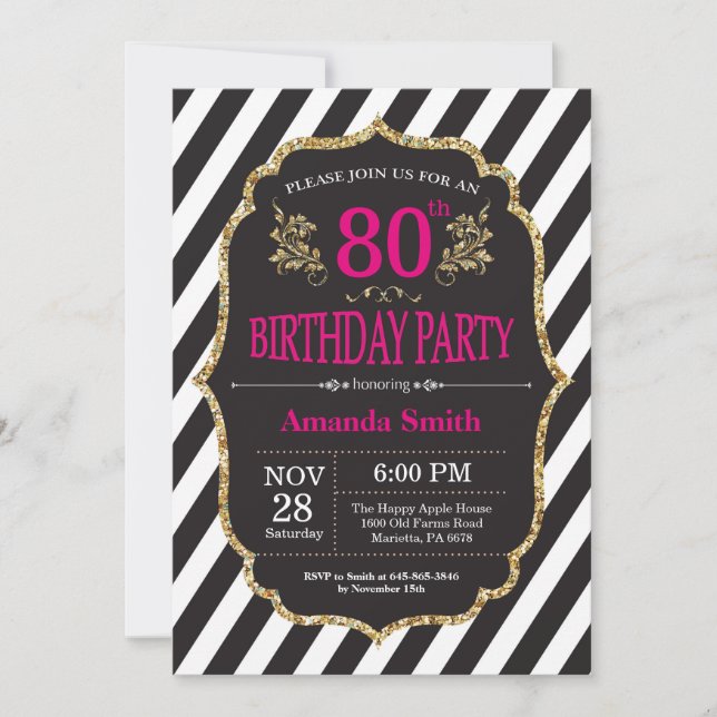 80.ª Invitación de cumpleaños. Purpurina negro y o (Anverso)