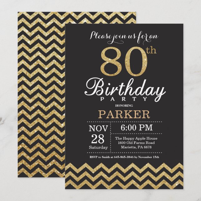 80.ª invitación de cumpleaños Purpurina negro y or (Anverso / Reverso)