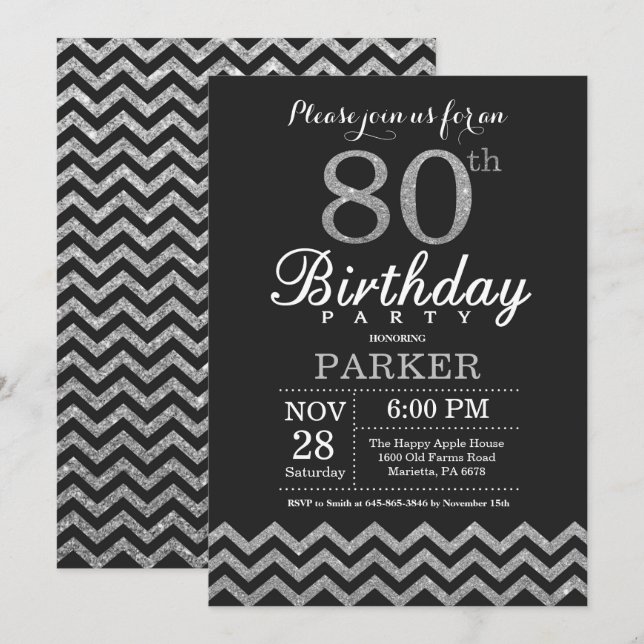 80.ª invitación de cumpleaños Purpurina negro y pl (Anverso / Reverso)