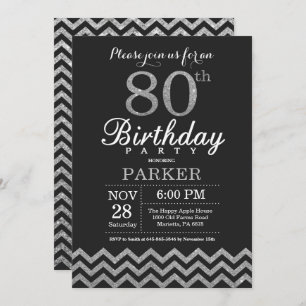 80.ª invitación de cumpleaños Purpurina negro y pl