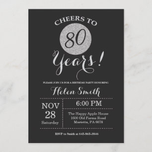 80.ª invitación de cumpleaños Purpurina negro y pl