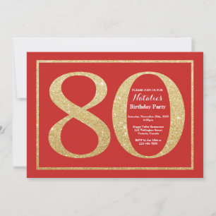 80.ª invitación de cumpleaños Purpurina rojo y oro