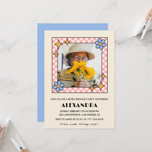 80.ª invitación de cumpleaños Retro Groovy Blue Fl (Anverso/Reverso In Situ)