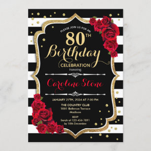 80.ª invitación de cumpleaños Rosas de franjas bla