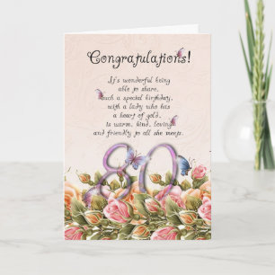 80.ª tarjeta de cumpleaños con mariposas y rosas -