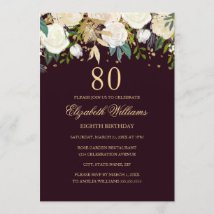 80.º cumpleaños Borgoña Invitación floral de oro