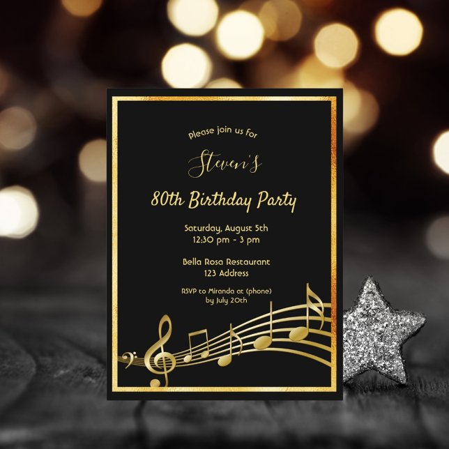 80.º cumpleaños invitación para notas de oro negro (Subido por el creador)