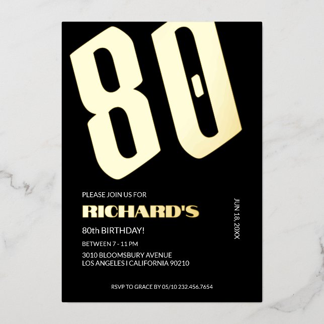 80.º cumpleaños Invitaciones de Relieve metalizado (Anverso)