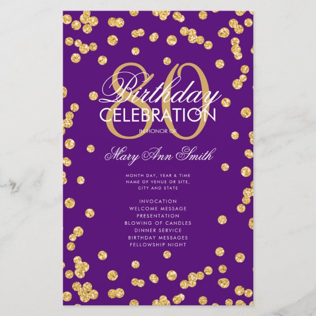 80.º Programa de Cumpleaños Menú Purpurina Gold Pu (Frente)