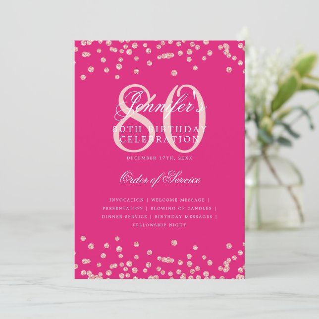 80.º Programa de Cumpleaños Menú Rosa Oro Rosa Cal (Anverso de pie)