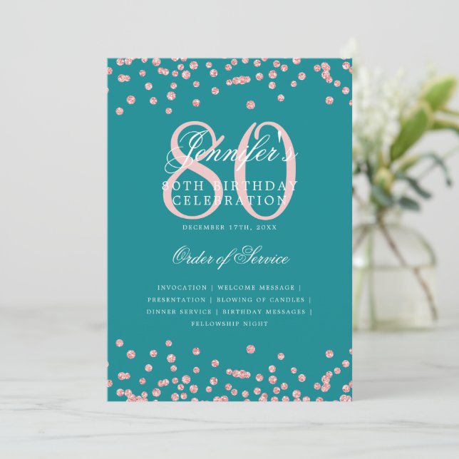 80.º Programa de Cumpleaños Menú Rosa Oro Turquesa (Anverso de pie)