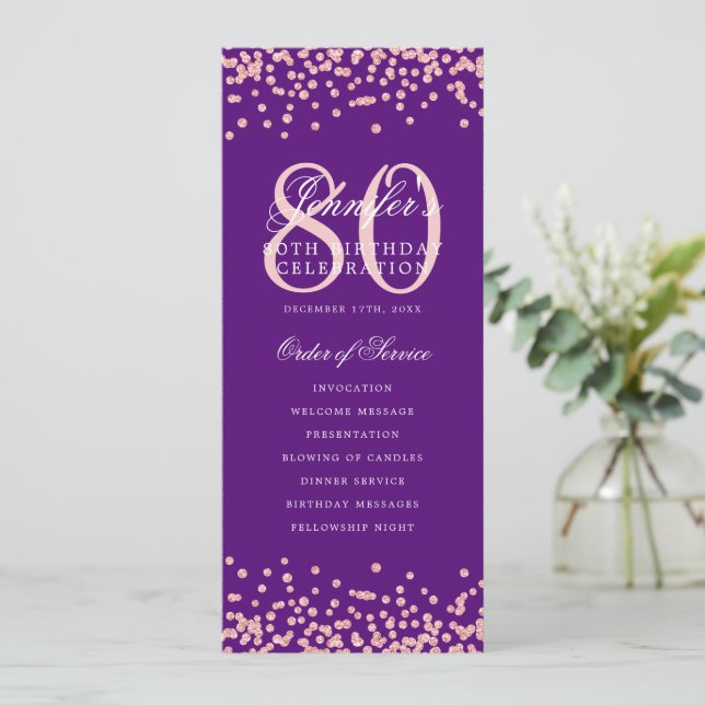 80.º programa de cumpleaños Rosa Confetti dorado p (Anverso de pie)