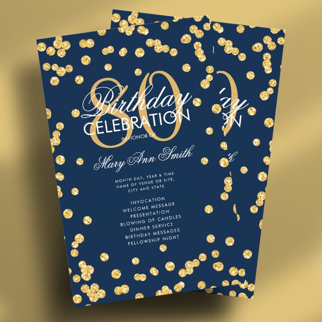 80.º Programa de Fiesta de Cumpleaños Menú Purpuri (80th Birthday Party Program Gold Navy Glitter Menu Flyer)