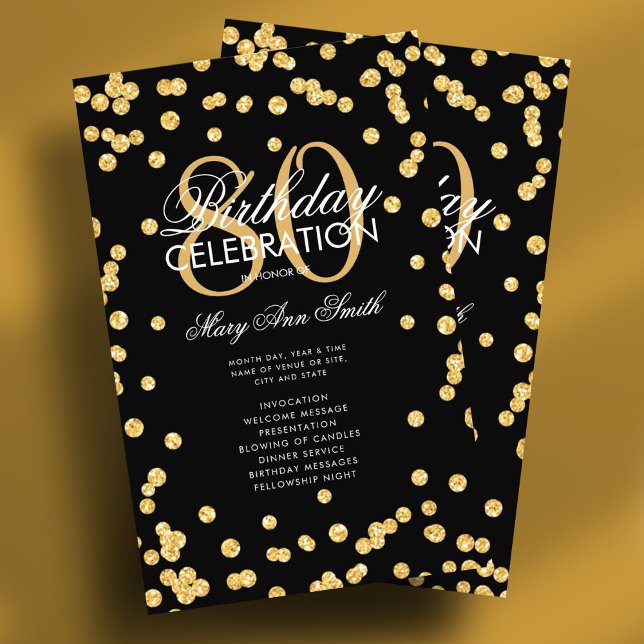 80.º Programa de Fiesta de Cumpleaños Purpurina de (80th Birthday Party Program Gold Glitter w/ Menu Flyer)