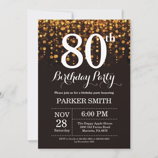 80.º Purpurina de oro de la invitación de cumpleañ (Anverso)