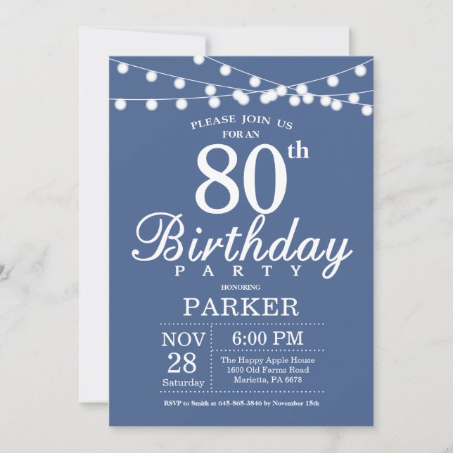 80 cumpleaños invitación azul (Anverso)