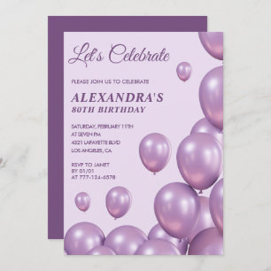 80 invitaciones de cumpleaños Globos Moda Púrpura