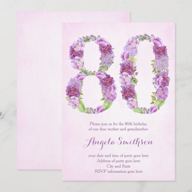 80 invitaciones de cumpleaños para dama, ochenta (Anverso / Reverso)