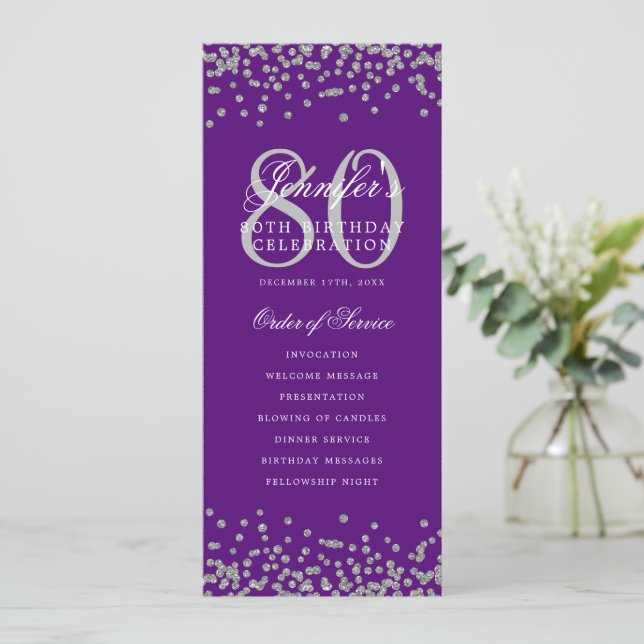 80 Programa de Cumpleaños Menú Confetti Plata Púrp (Anverso de pie)