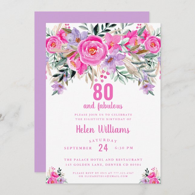 80 y fabulosa invitación rosa 80 por cumpleaños (Anverso / Reverso)