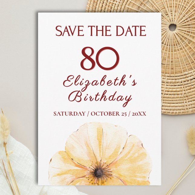 80th Birthday Yellow Flower, Elegant Save the Date (Subido por el creador)