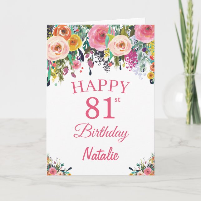 81 cumpleaños acuarela Flores florales tarjeta ros (Anverso)