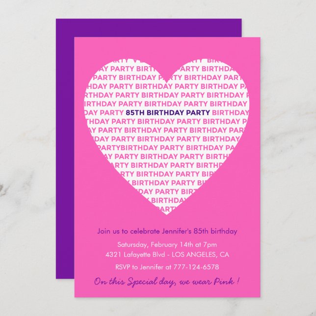 85 años invitaciones Pink Heart Modern (Anverso / Reverso)