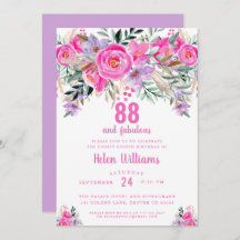 88 y fabulosa invitación rosa 88 por cumpleaños
