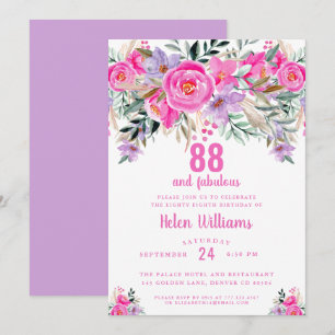 88 y fabulosa invitación rosa 88 por cumpleaños