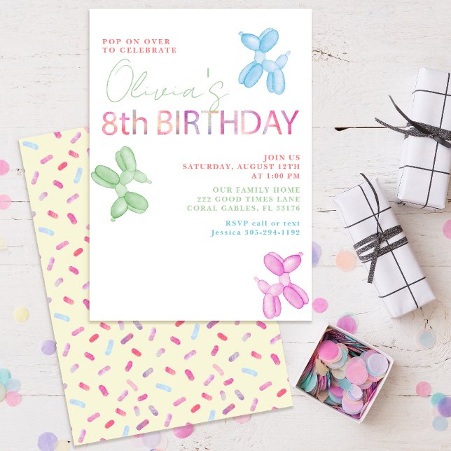 8.ª invitación a un animal con globo de cumpleaños (modern typography balloon animal eight birthday party invitations)