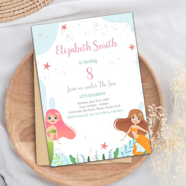 8.ª Invitación al cumpleaños de la sirena (8th Mermaid Birthday Invitations)