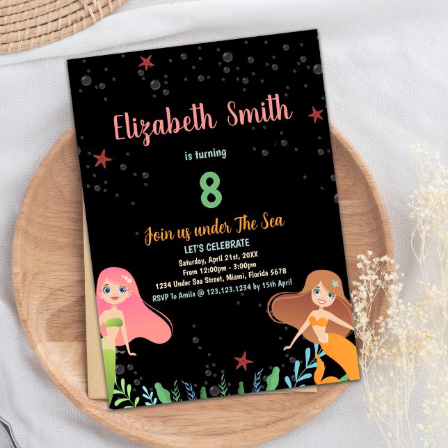 8.ª invitación de cumpleaños a la sirena negra (8th Black Mermaid Birthday Invitations)