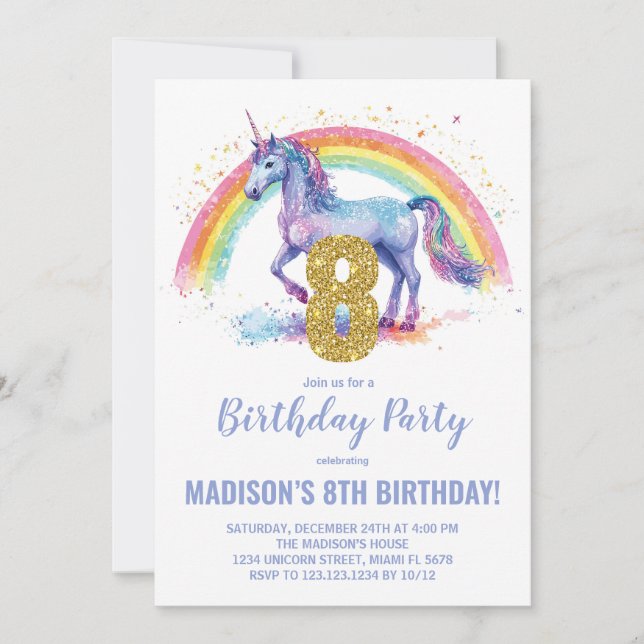 8.ª invitación de cumpleaños de Rainbow Unicorn (Anverso)