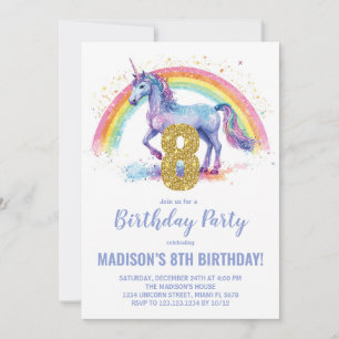 8.ª invitación de cumpleaños de Rainbow Unicorn