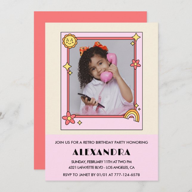 8.ª invitación de cumpleaños Retro Groovy Pink Flo (Anverso / Reverso)